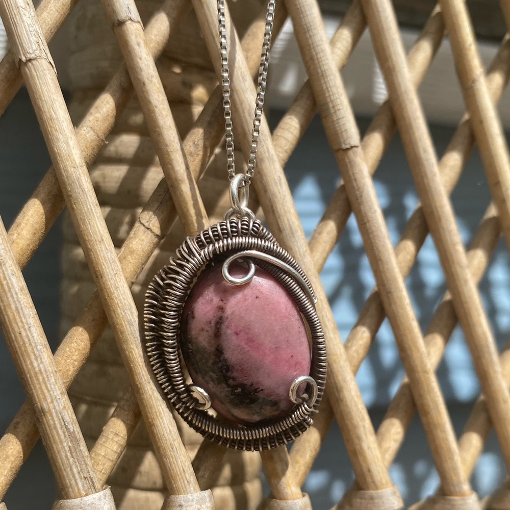 Rhodenite, wire wrapped, sterling silver pendant & chain.